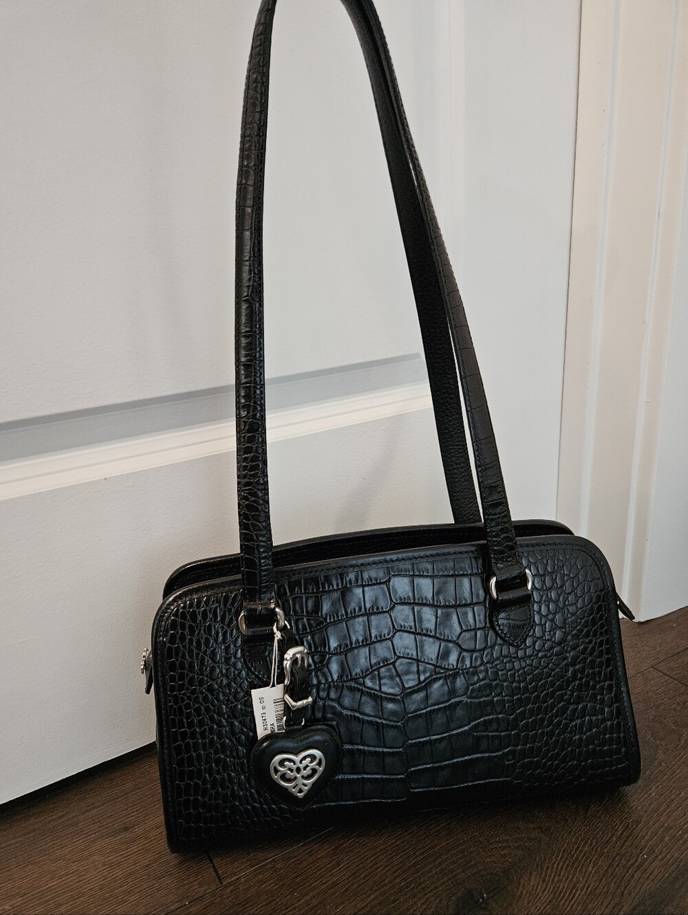 Brighton Alesha Black Croc Embossed Leather Shoulder Bag NWT Heart Mirror Charm